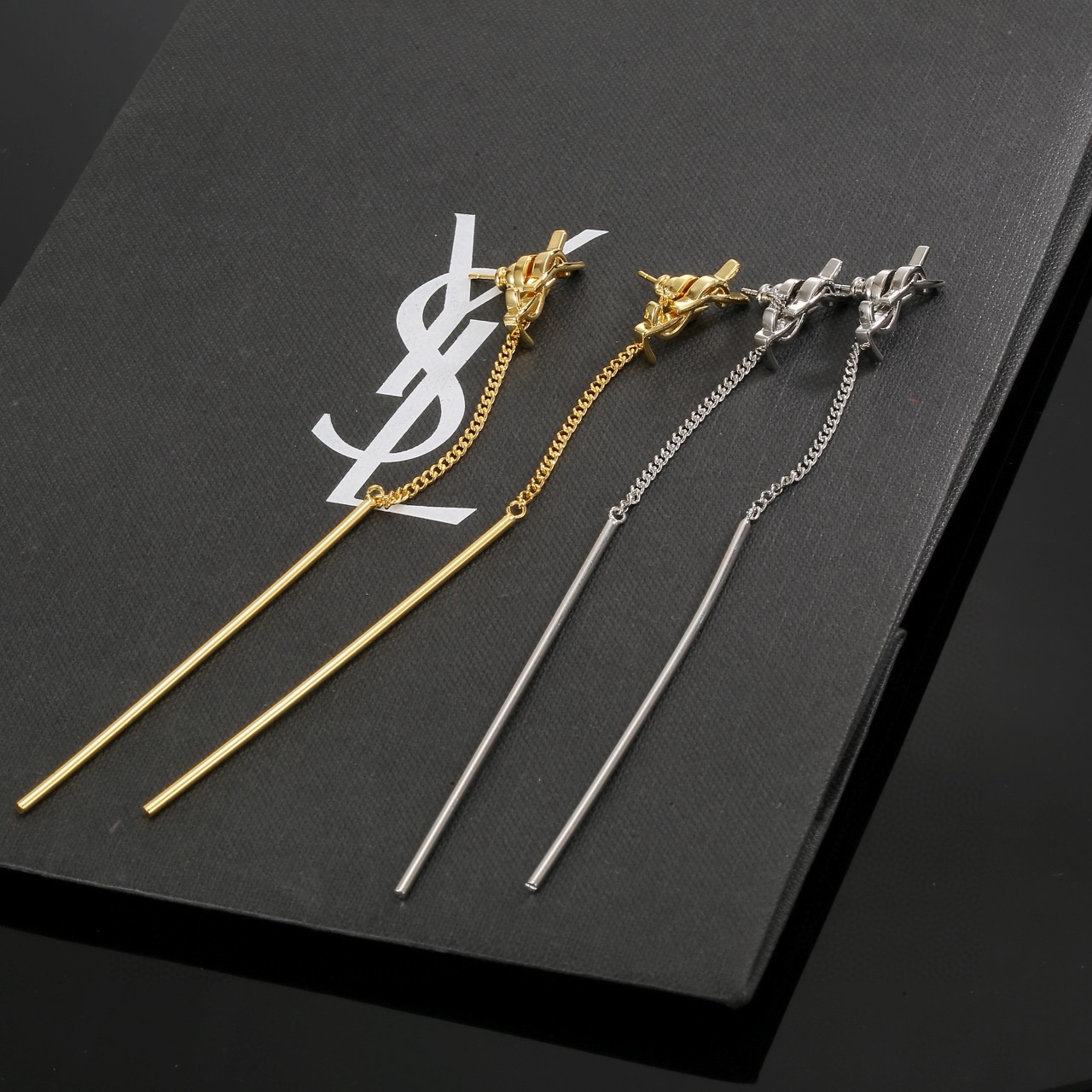 Saint Laurent Cassandre YSL Monogram Long Bar Drop Earrings earrings Gold-tone metal gold variant silver-tone metal silver variant no gemstones Total drop length 7cm