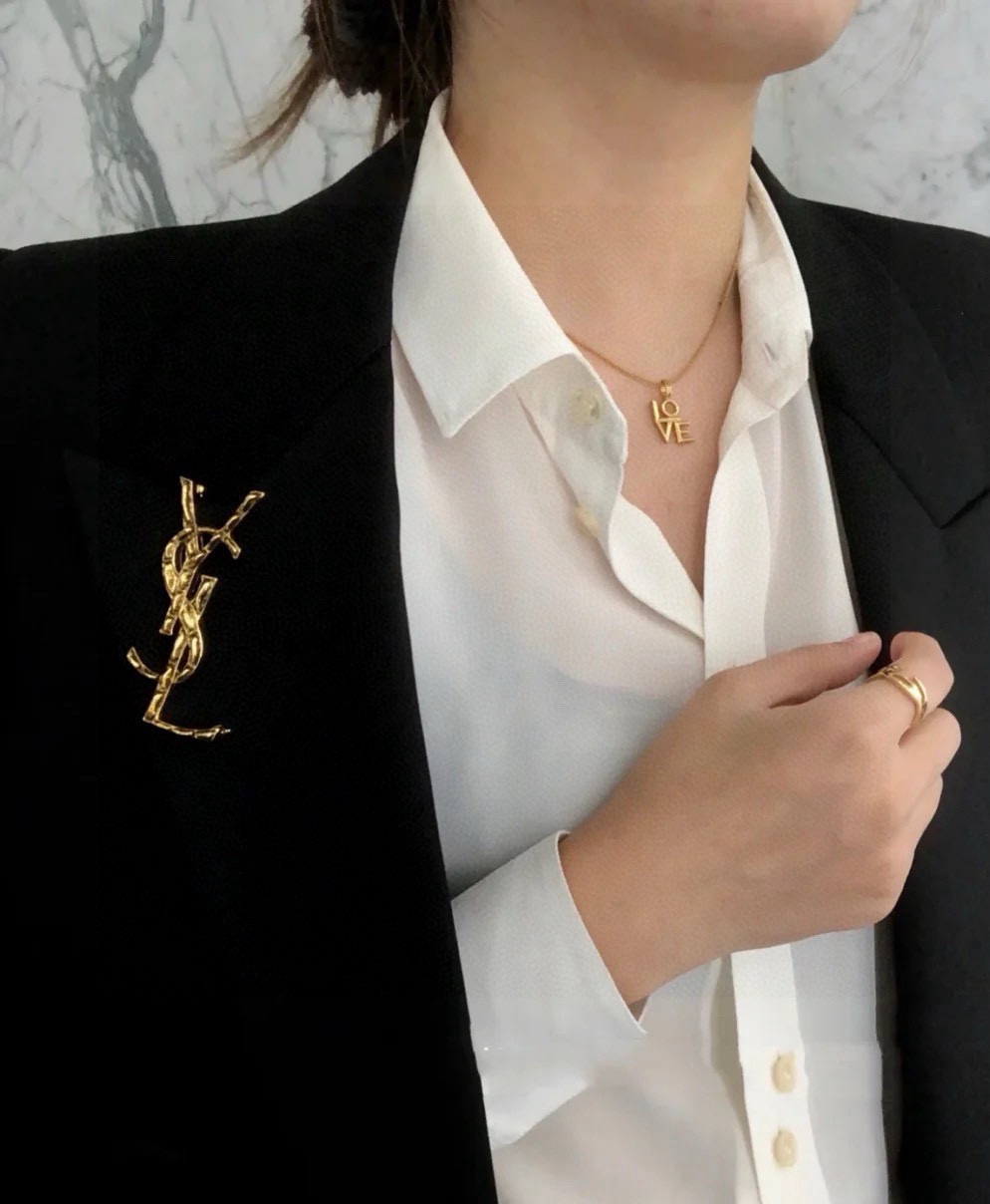 Saint Laurent Cassandre YSL Monogram brooch antique silver antique gold 4 5cm width