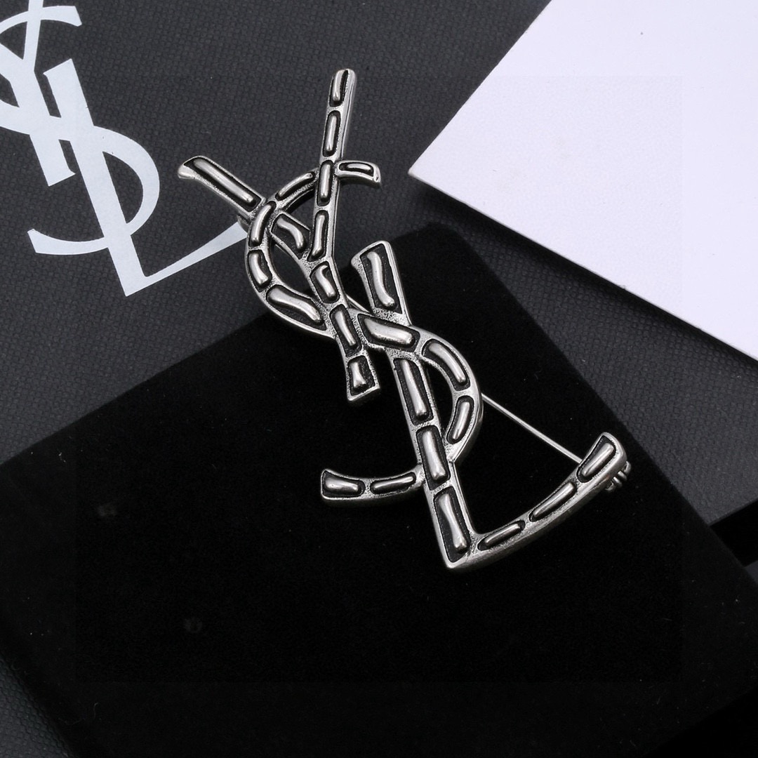 Saint Laurent Cassandre YSL Monogram brooch antique silver antique gold 4 5cm width