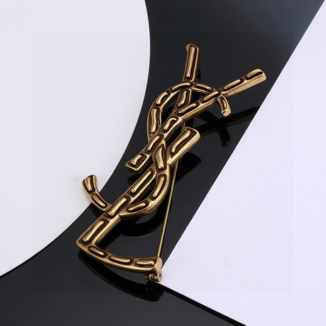 Saint Laurent Cassandre YSL Monogram brooch antique silver antique gold 4 5cm width