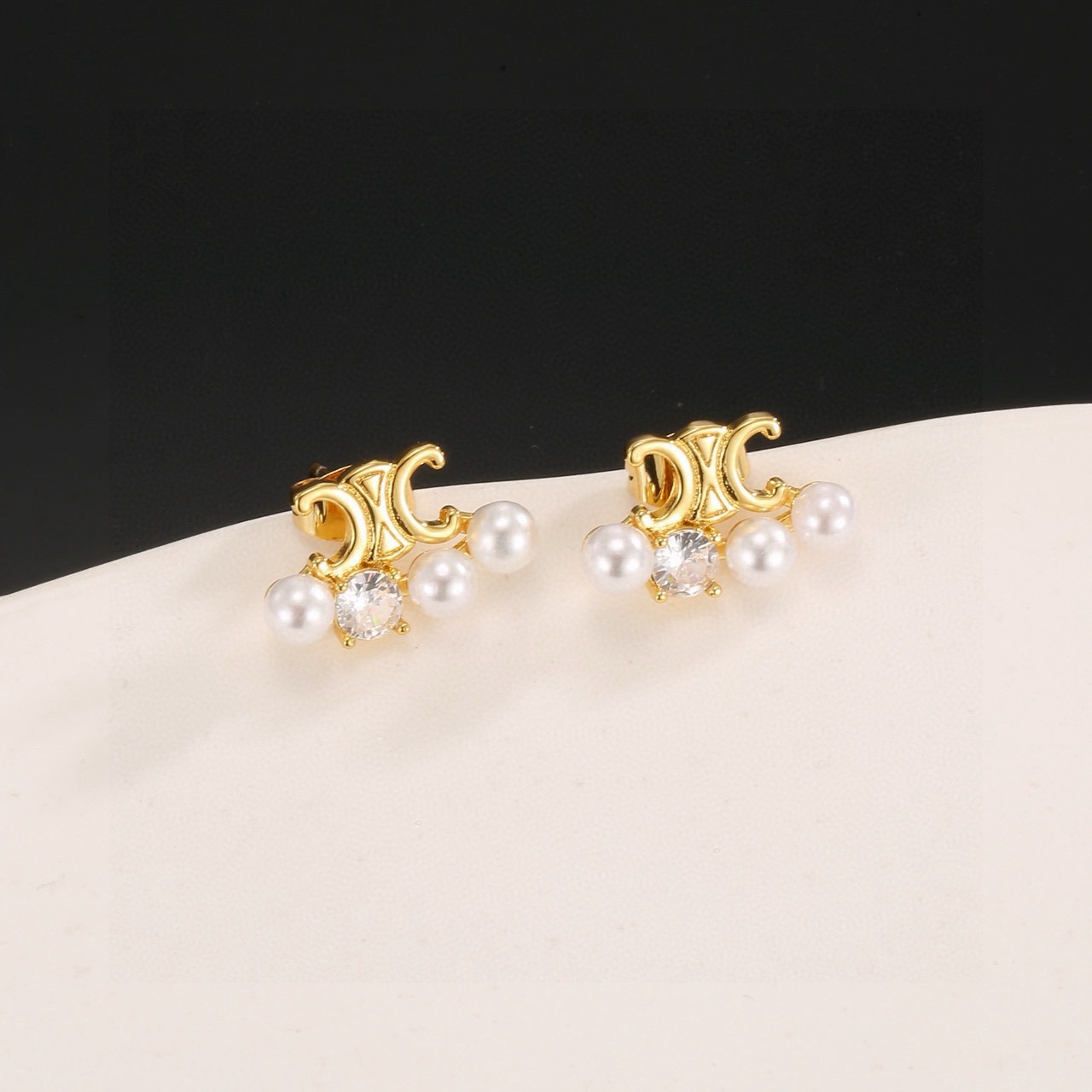 Celine Triomphe Pearl Crystal Stud Earrings earrings gold-tone metal white pearls clear crystal 1cm stud diameter