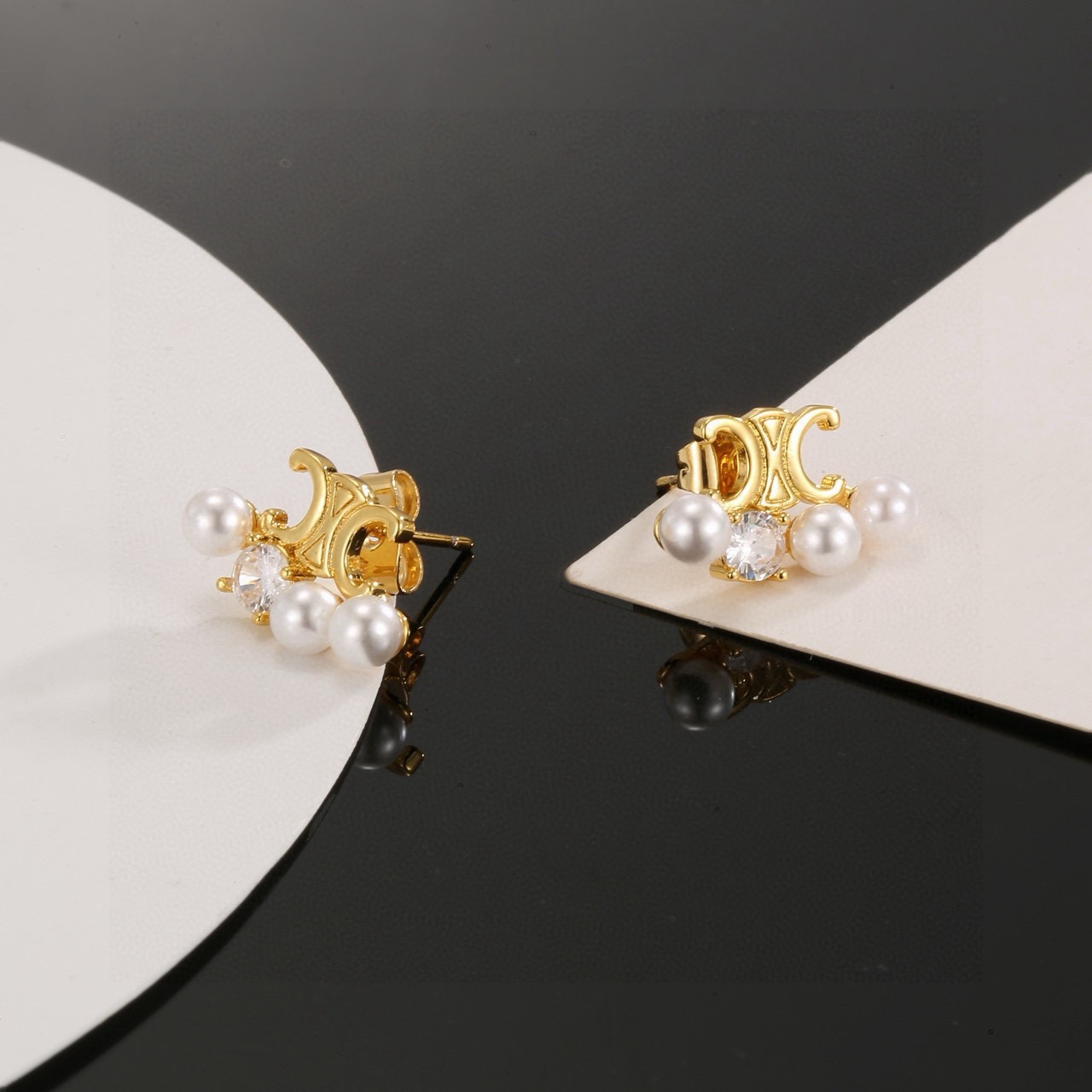 Celine Triomphe Pearl Crystal Stud Earrings earrings gold-tone metal white pearls clear crystal 1cm stud diameter