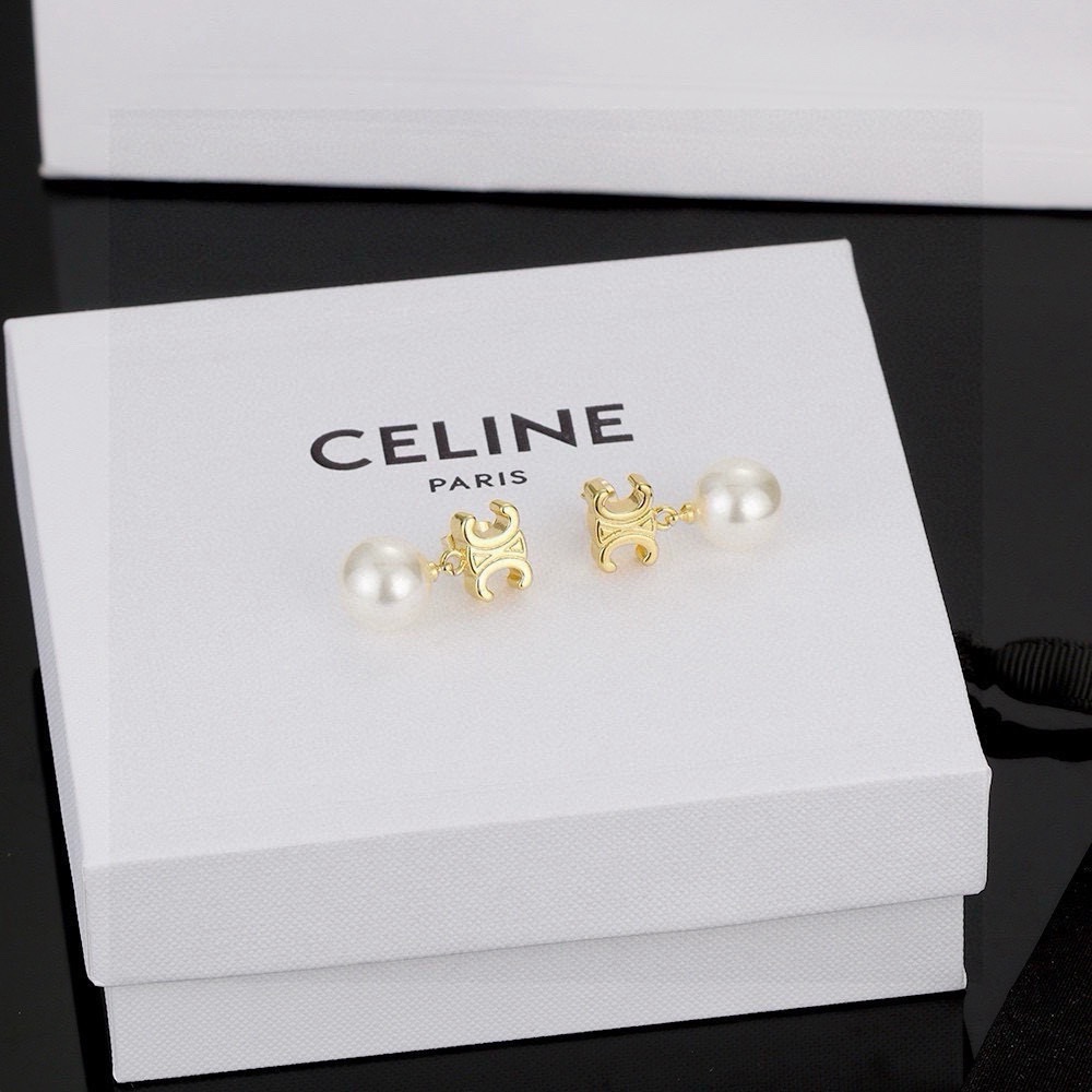 Celine Triomphe Pearl Drop earrings gold-tone metal with white pearl 1 2cm total drop length