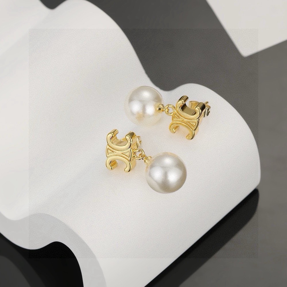 Celine Triomphe Pearl Drop earrings gold-tone metal with white pearl 1 2cm total drop length