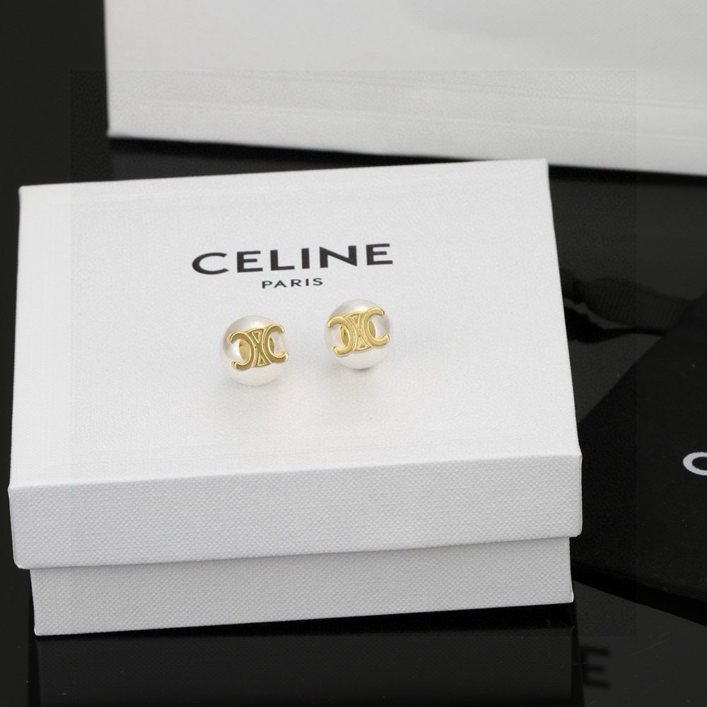Celine Triomphe Pearl Stud Earrings earrings gold-tone metal with white pearl 10mm pearl diameter