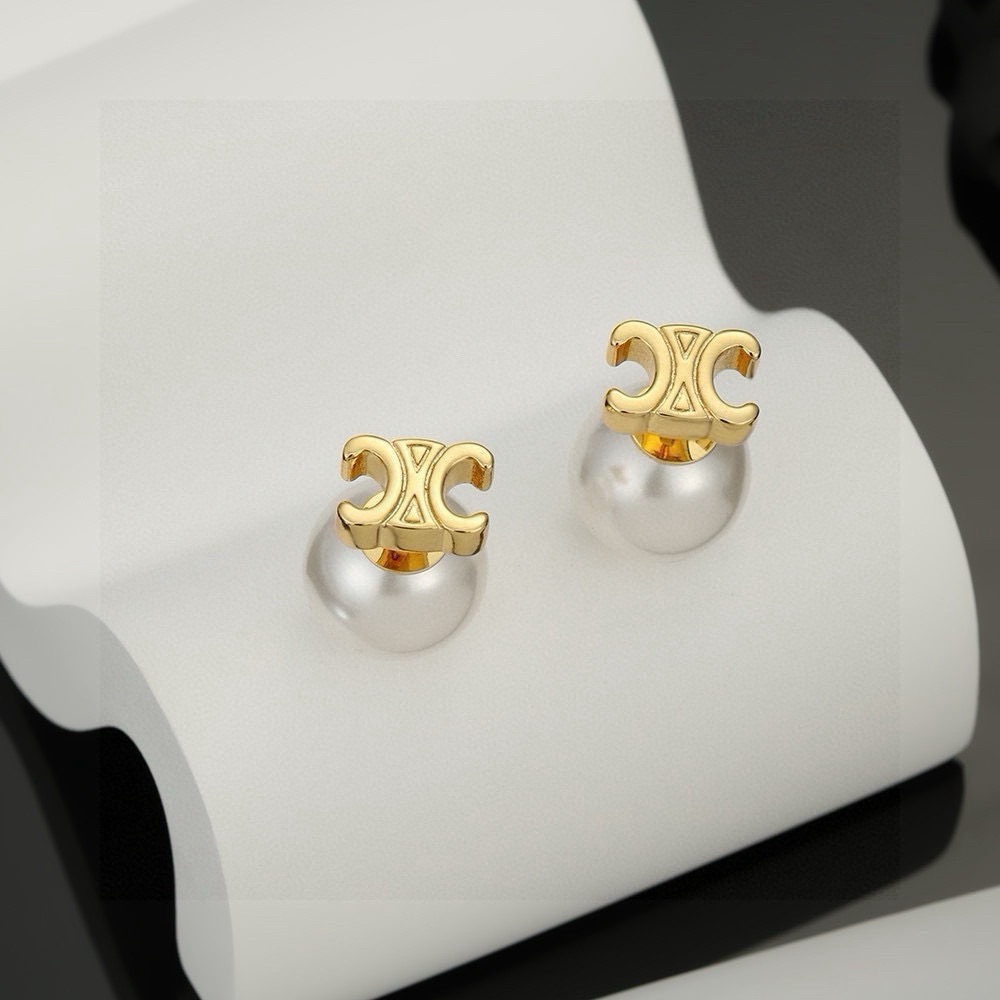 Celine Triomphe Pearl Stud Earrings earrings gold-tone metal with white pearl 10mm pearl diameter