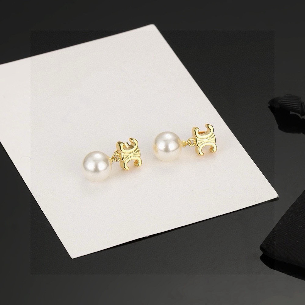 Celine Triomphe Pearl Drop earrings gold-tone metal white pearl 1 5cm drop length