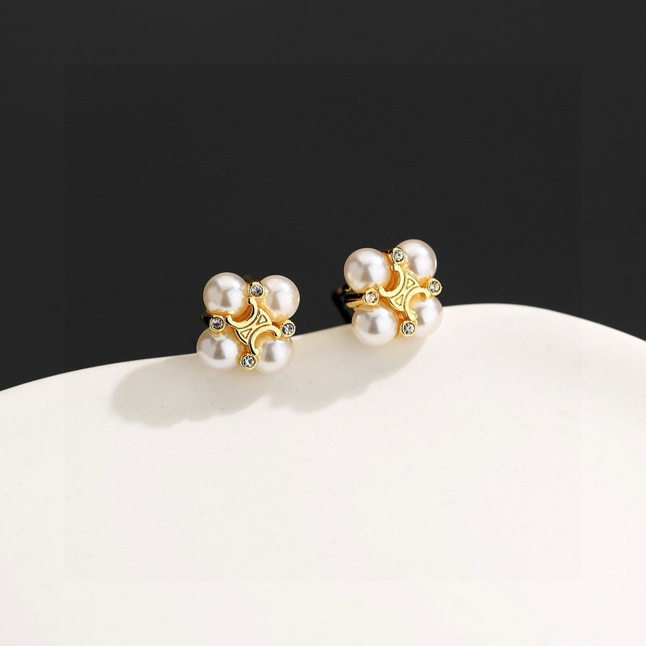 Celine Triomphe Pearl Cluster Stud Earrings earrings gold-tone metal white pearl clear crystal accents 10mm stud diameter