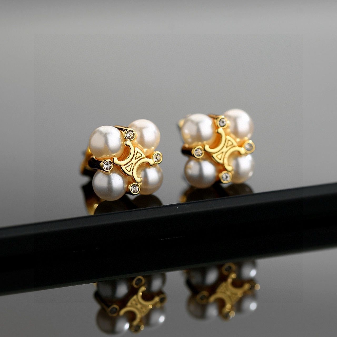 Celine Triomphe Pearl Cluster Stud Earrings earrings gold-tone metal white pearl clear crystal accents 10mm stud diameter