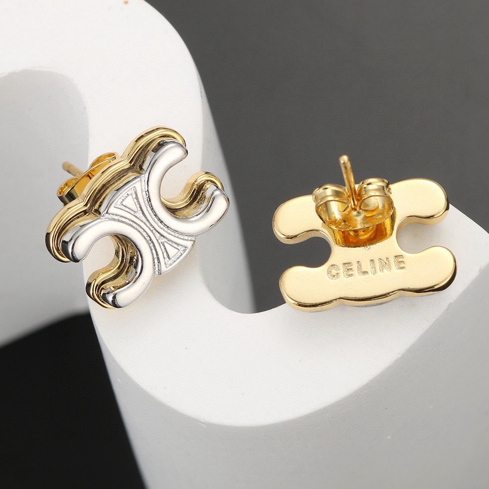 Celine Triomphe earrings Two-tone gold and silver metal 1 2cm stud diameter
