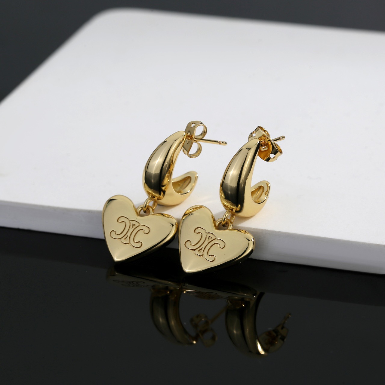 Celine Triomphe Heart Drop Hoop Earrings earrings gold-tone metal no accent stones 1 5cm hoop diameter 2 5cm total drop length