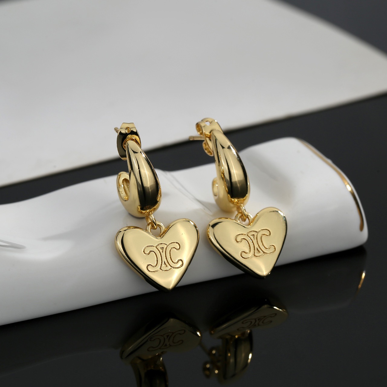 Celine Triomphe Heart Drop Hoop Earrings earrings gold-tone metal no accent stones 1 5cm hoop diameter 2 5cm total drop length
