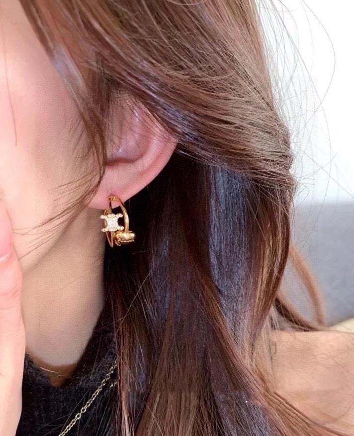 Celine Triomphe Heart Double Hoop Earrings earrings gold-tone metal with clear cubic zirconia stones 2cm hoop diameter