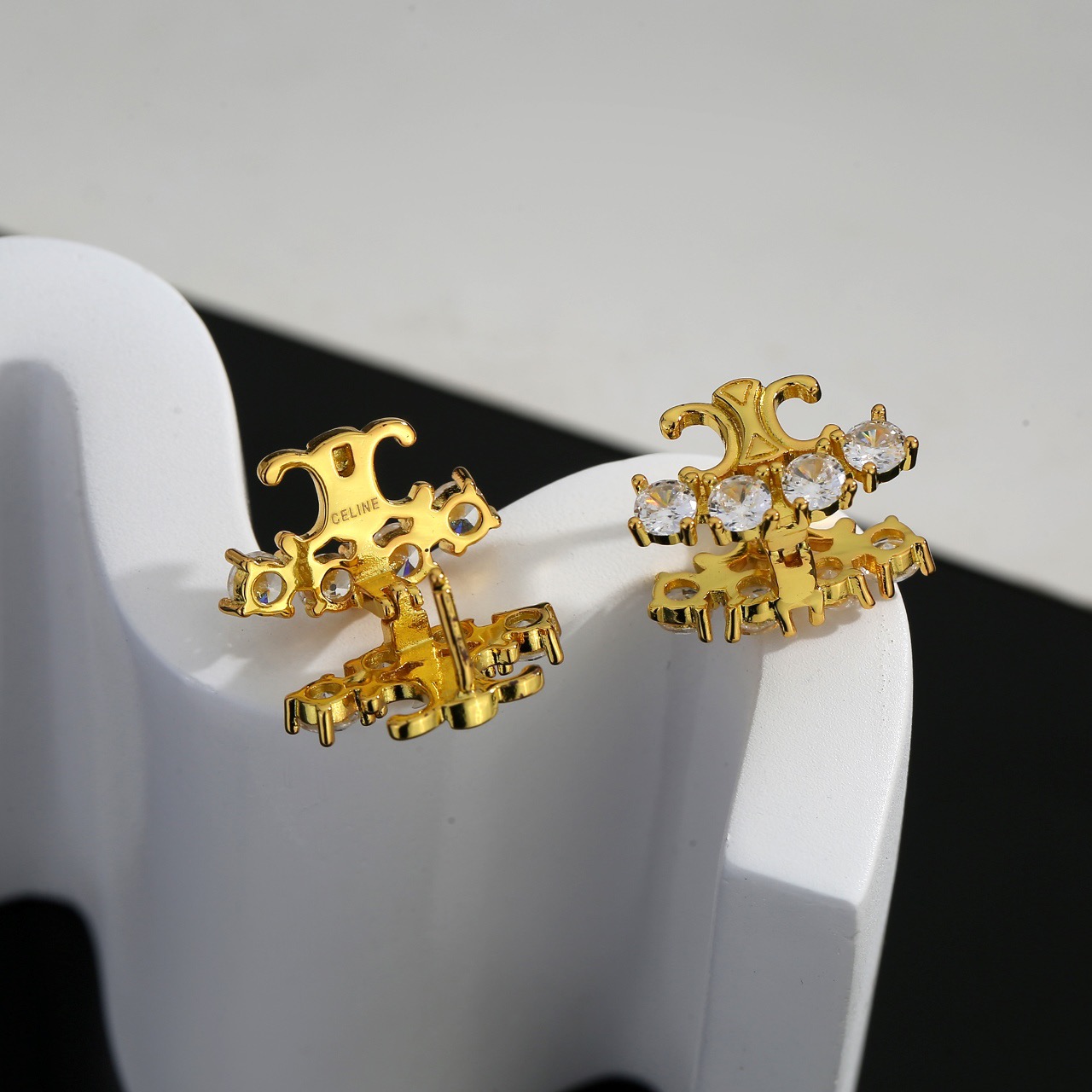 Celine Triomphe Crystal Stud Earrings earrings gold-tone metal with clear faceted crystals 1 2cm width per earring