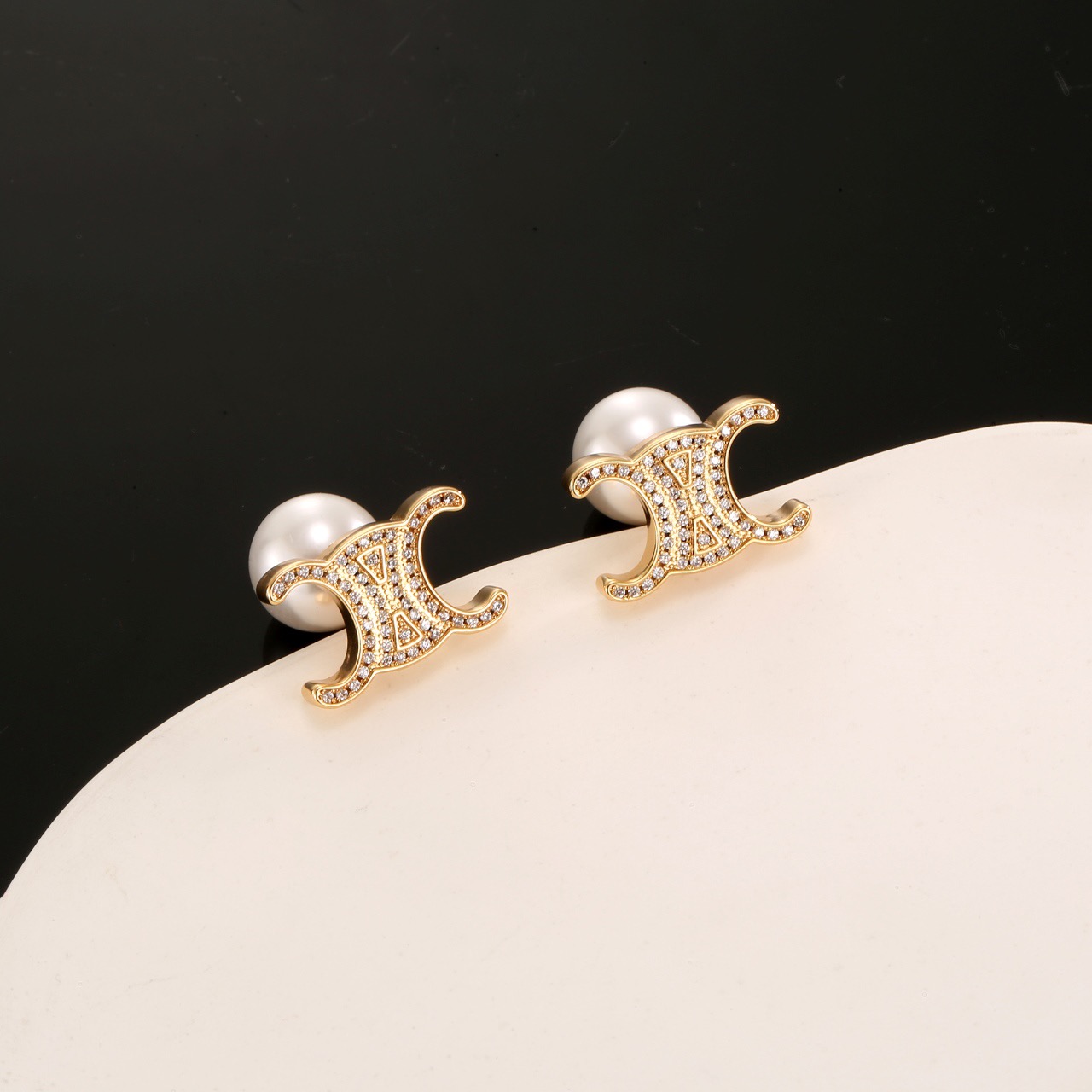 Celine Triomphe Pearl Stud Earrings earrings gold-tone metal clear crystal accents white pearl 1 5cm length