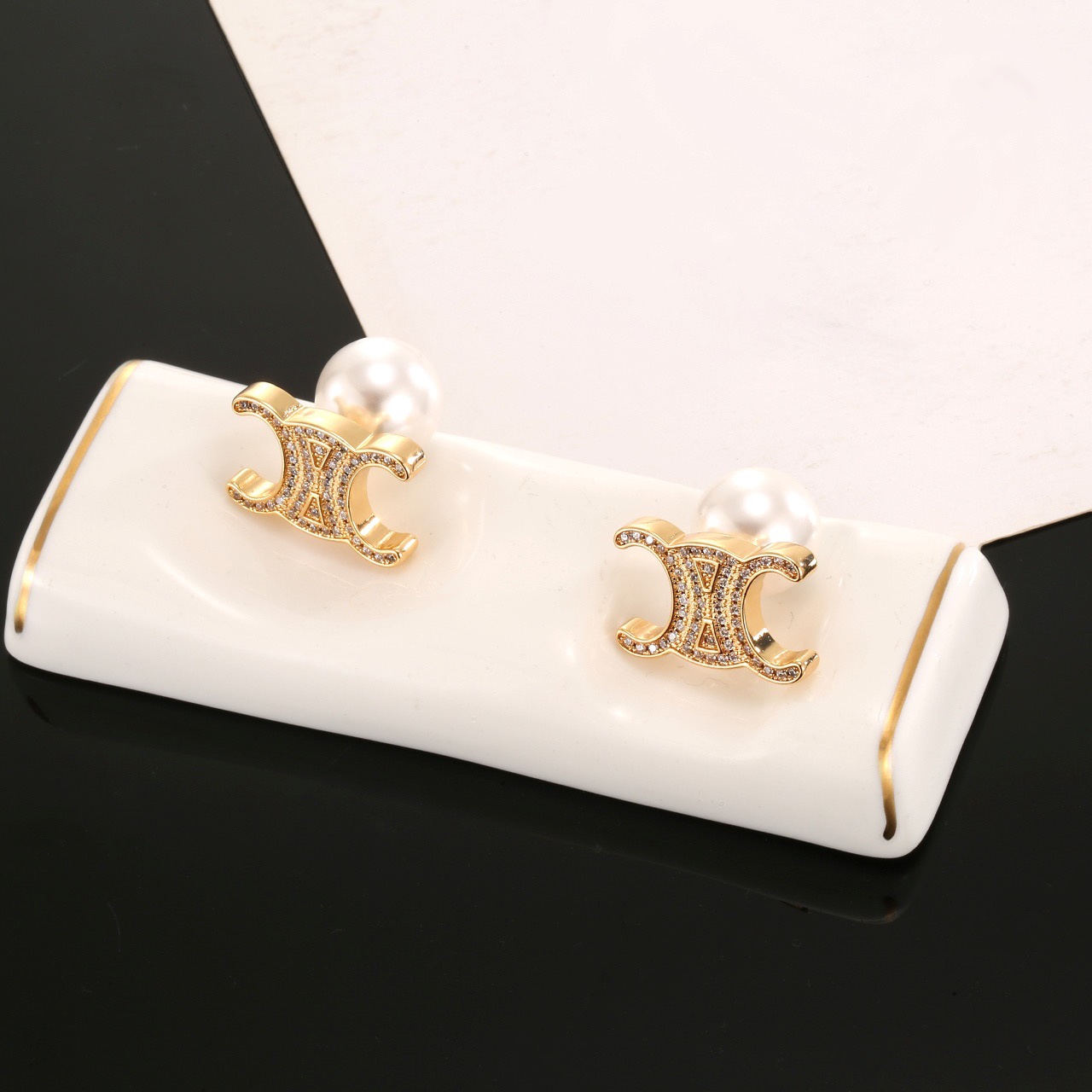 Celine Triomphe Pearl Stud Earrings earrings gold-tone metal clear crystal accents white pearl 1 5cm length