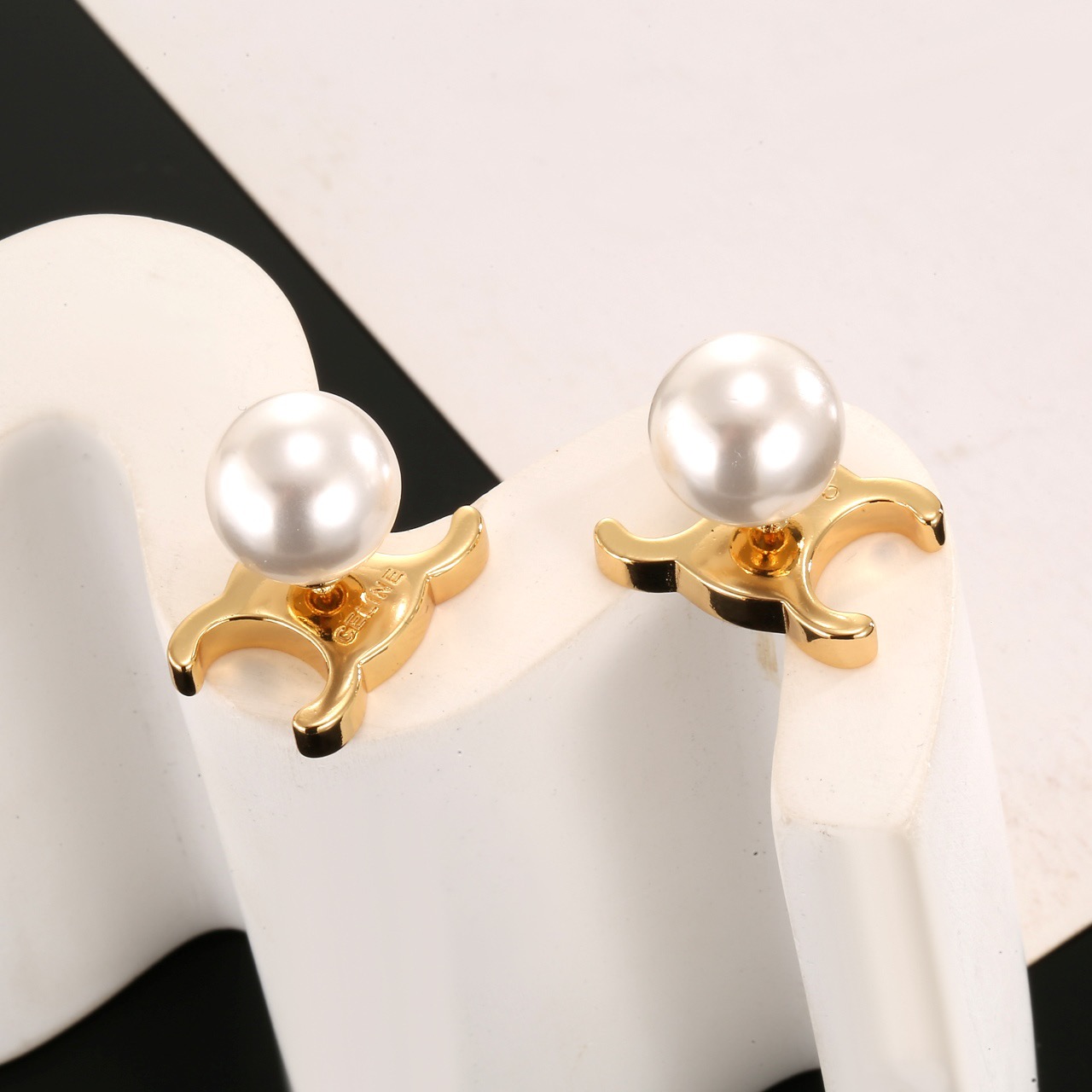Celine Triomphe Pearl Stud Earrings earrings gold-tone metal clear crystal accents white pearl 1 5cm length