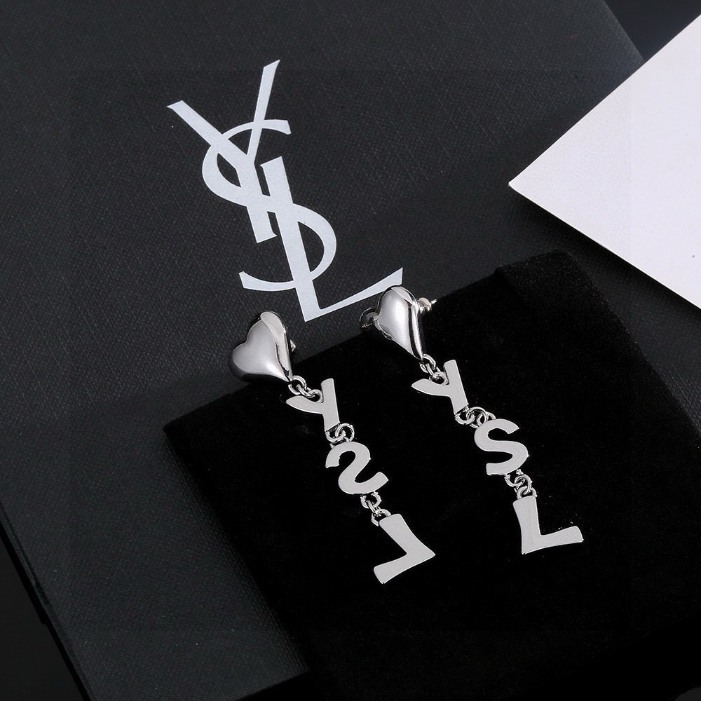 Saint Laurent YSL Heart Letter Drop Earrings earrings Polished gold-tone metal polished silver-tone metal no gemstones 6cm drop length