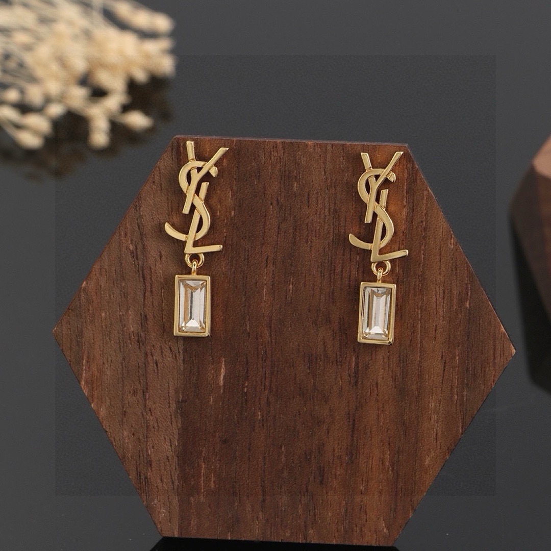 Saint Laurent Cassandre YSL Logo Crystal Drop earrings gold-tone metal with clear baguette-cut crystals silver-tone metal with clear baguette-cut crystals 2 2cm drop length