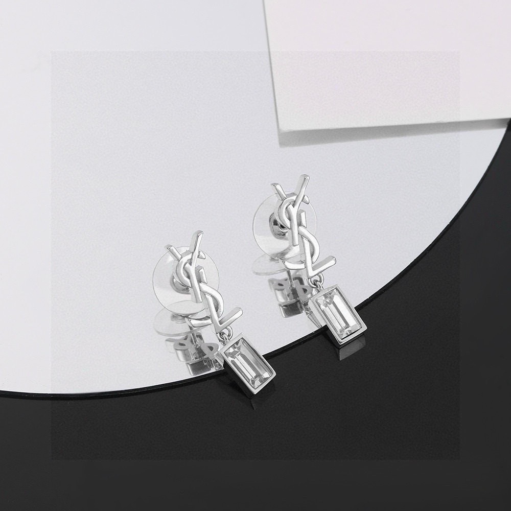 Saint Laurent Cassandre YSL Logo Crystal Drop earrings gold-tone metal with clear baguette-cut crystals silver-tone metal with clear baguette-cut crystals 2 2cm drop length