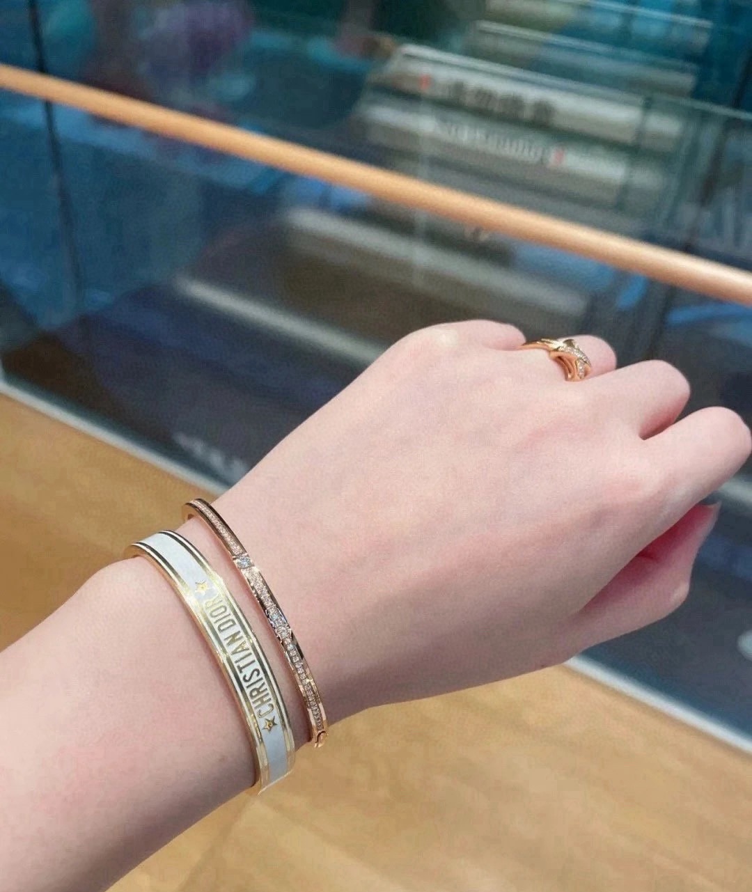 Dior Christian Dior Code Star Cuff bracelet gold-tone metal with white enamel 17cm inner circumference