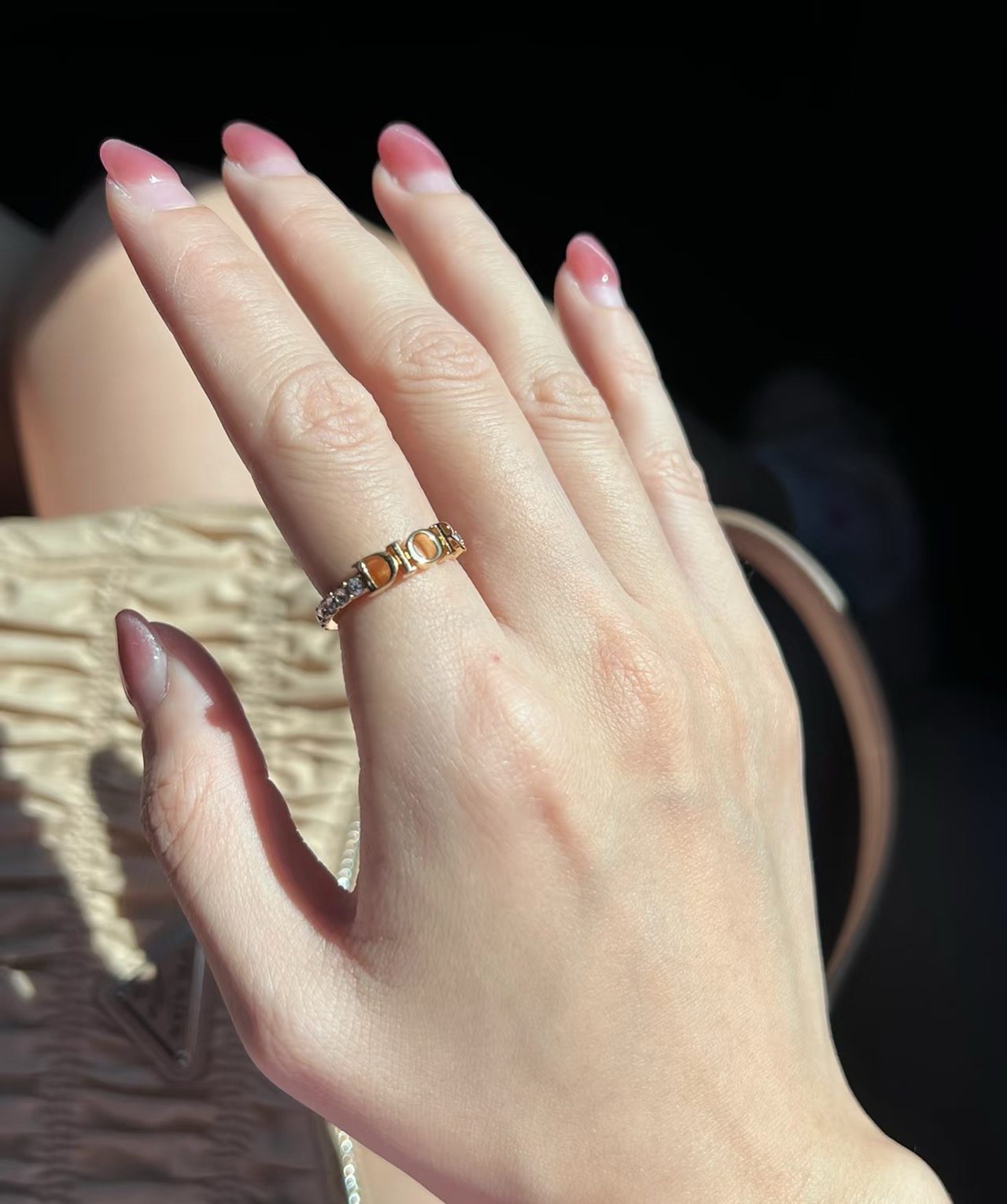 Dior Dior letter logo open ring ring gold tone metal with clear crystal accents US 7