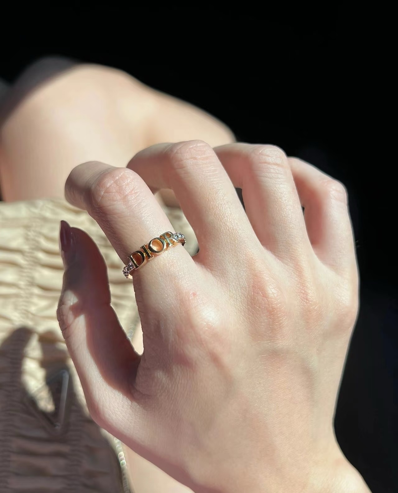 Dior Dior letter logo open ring ring gold tone metal with clear crystal accents US 7