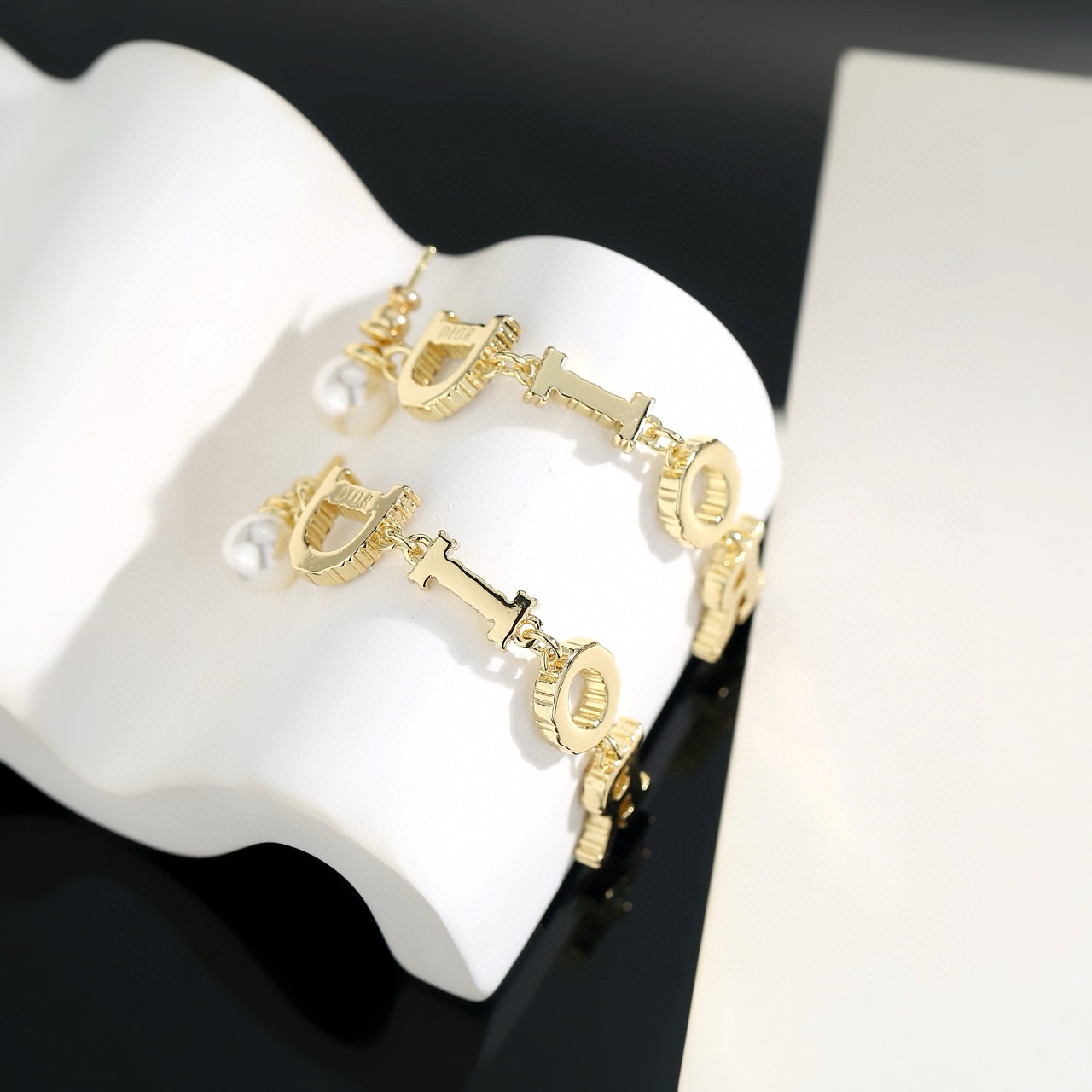 Dior Dior Tribales DIOR Letter Drop Earrings earrings gold-tone metal white faux pearl clear crystal 6cm drop length