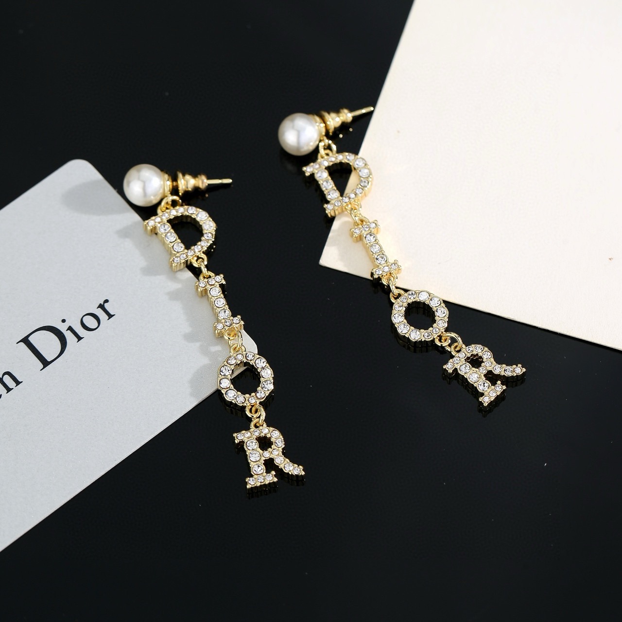 Dior Dior Tribales DIOR Letter Drop Earrings earrings gold-tone metal white faux pearl clear crystal 6cm drop length