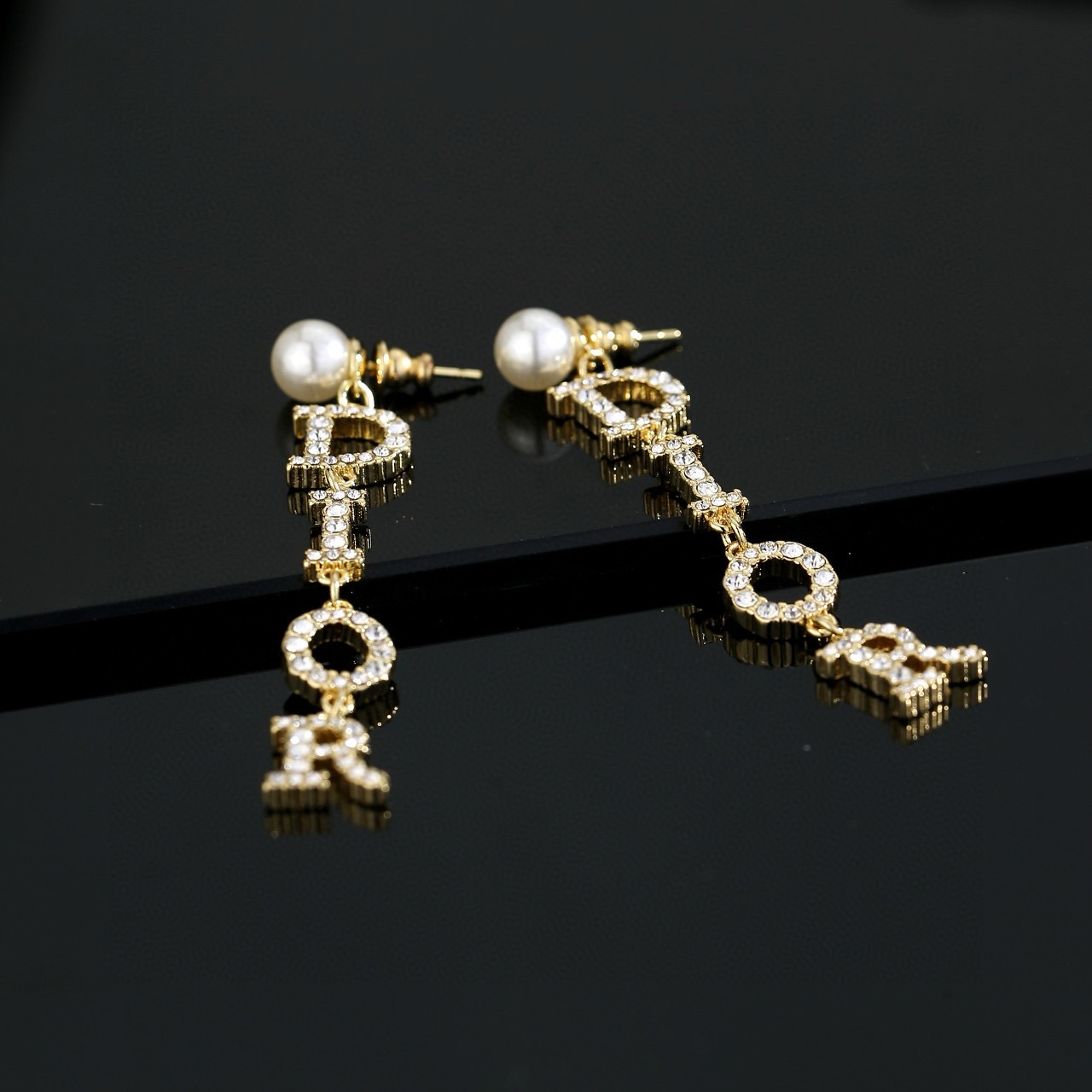 Dior Dior Tribales DIOR Letter Drop Earrings earrings gold-tone metal white faux pearl clear crystal 6cm drop length