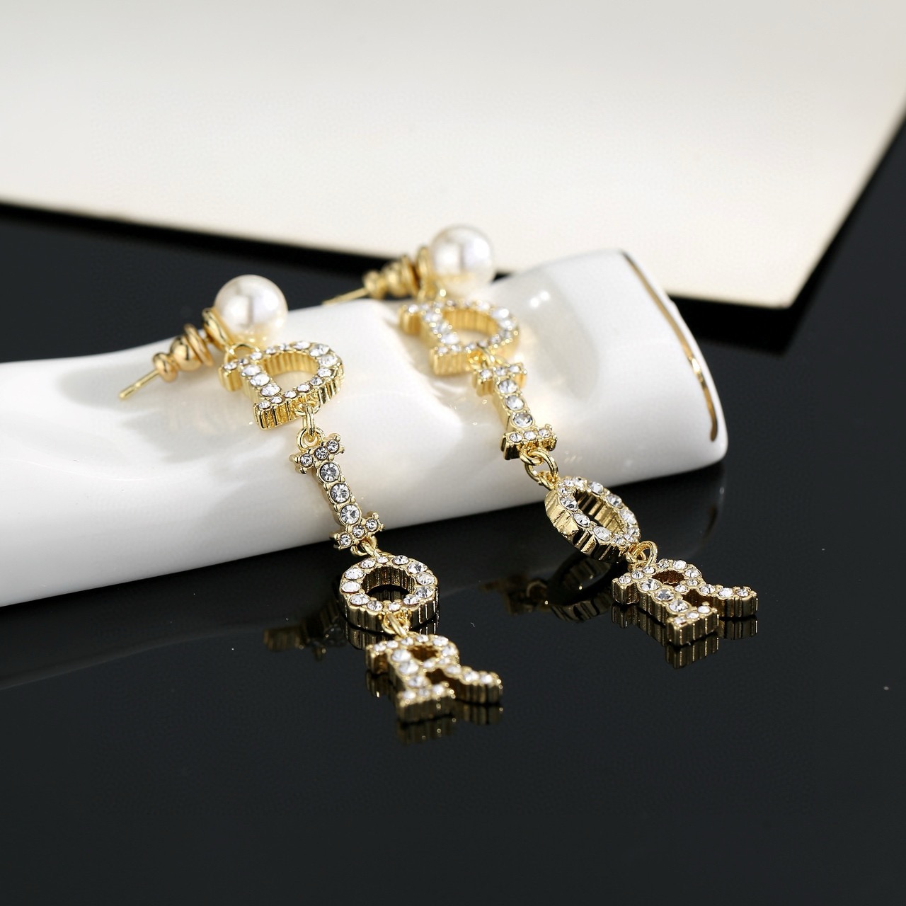 Dior Dior Tribales DIOR Letter Drop Earrings earrings gold-tone metal white faux pearl clear crystal 6cm drop length