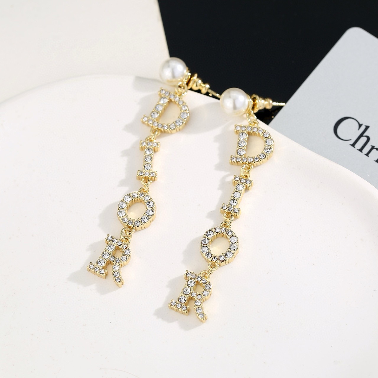 Dior Dior Tribales DIOR Letter Drop Earrings earrings gold-tone metal white faux pearl clear crystal 6cm drop length