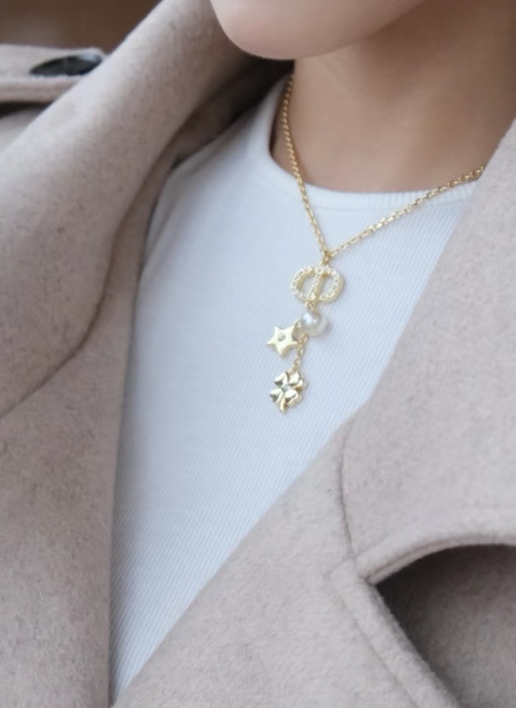Dior Petit CD Lucky Charms necklace gold-tone metal white faux pearl clear crystal accents 42cm with 5cm extender