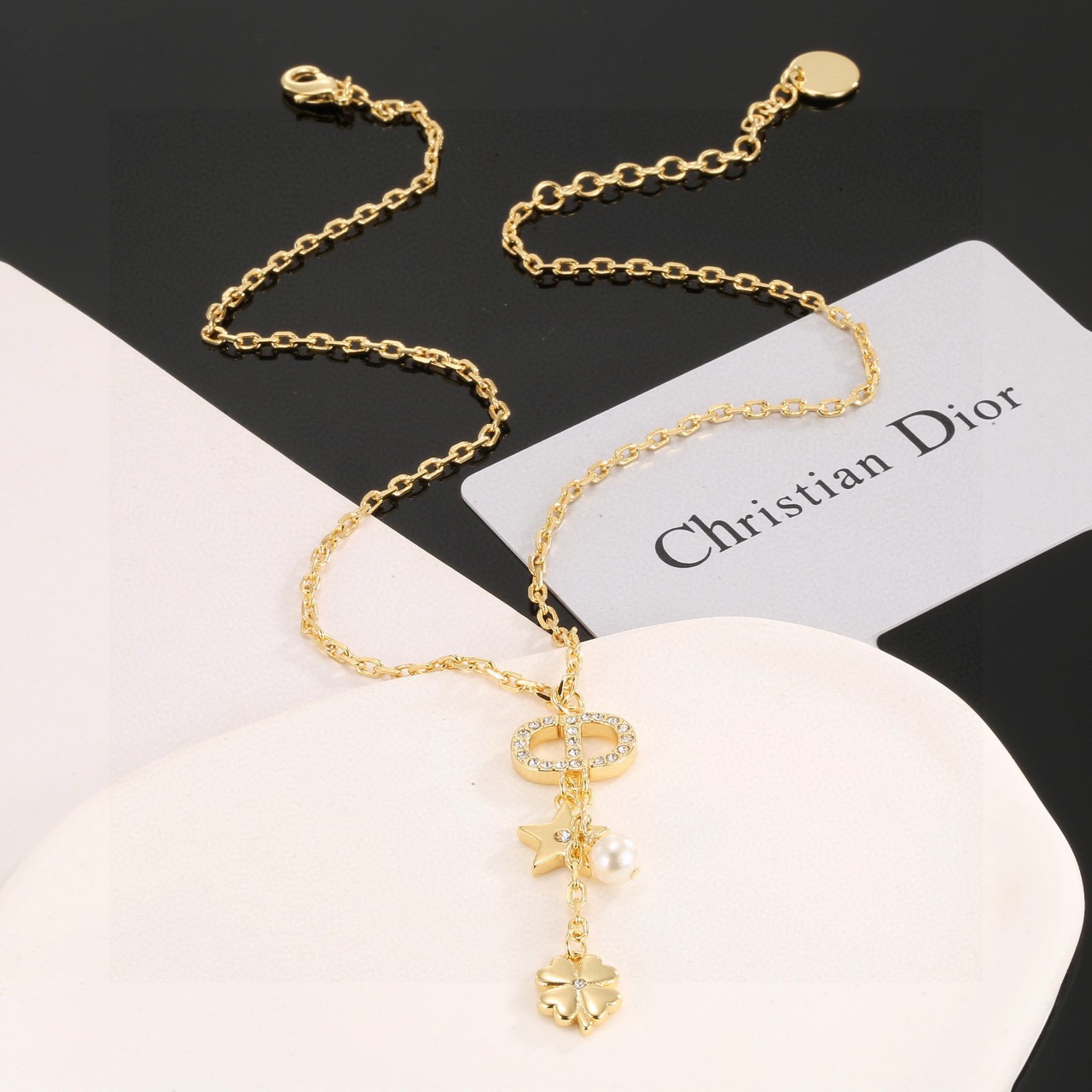 Dior Petit CD Lucky Charms necklace gold-tone metal white faux pearl clear crystal accents 42cm with 5cm extender