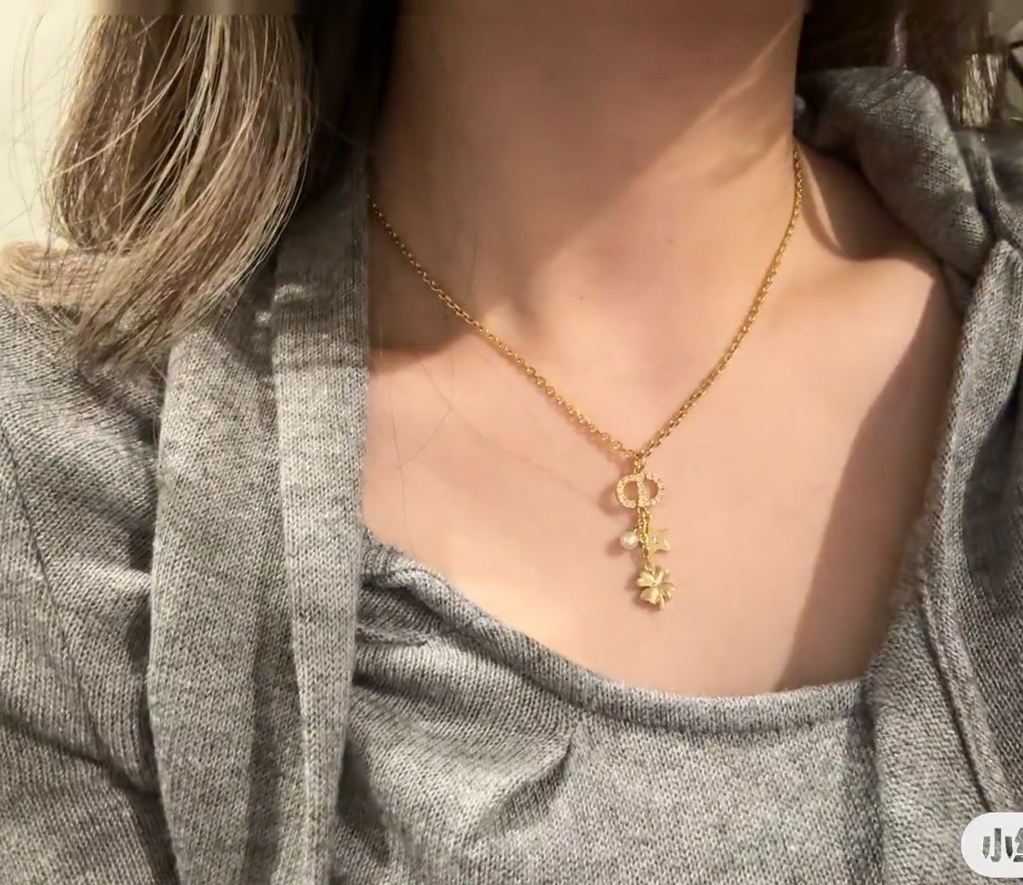 Dior Petit CD Lucky Charms necklace gold-tone metal white faux pearl clear crystal accents 42cm with 5cm extender