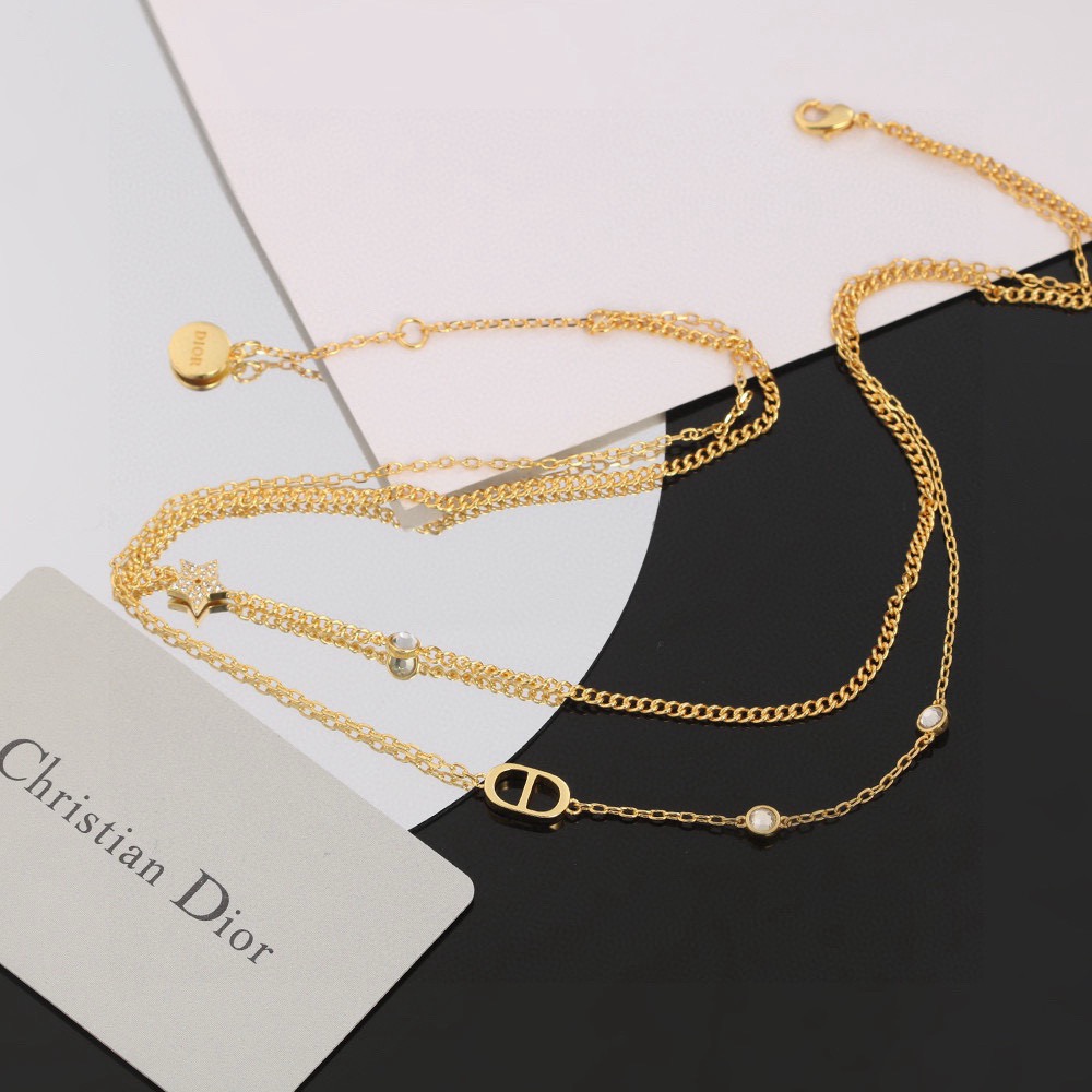 Dior Petit CD Star Double Chain necklace gold-tone metal with clear crystal accents 42cm with 5cm extender