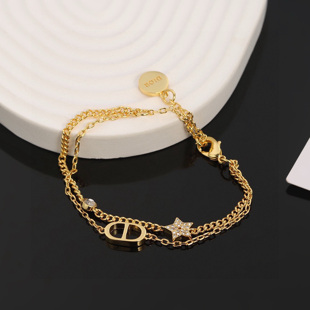 Dior Petit CD Star Double Chain necklace gold-tone metal with clear crystal accents 42cm with 5cm extender