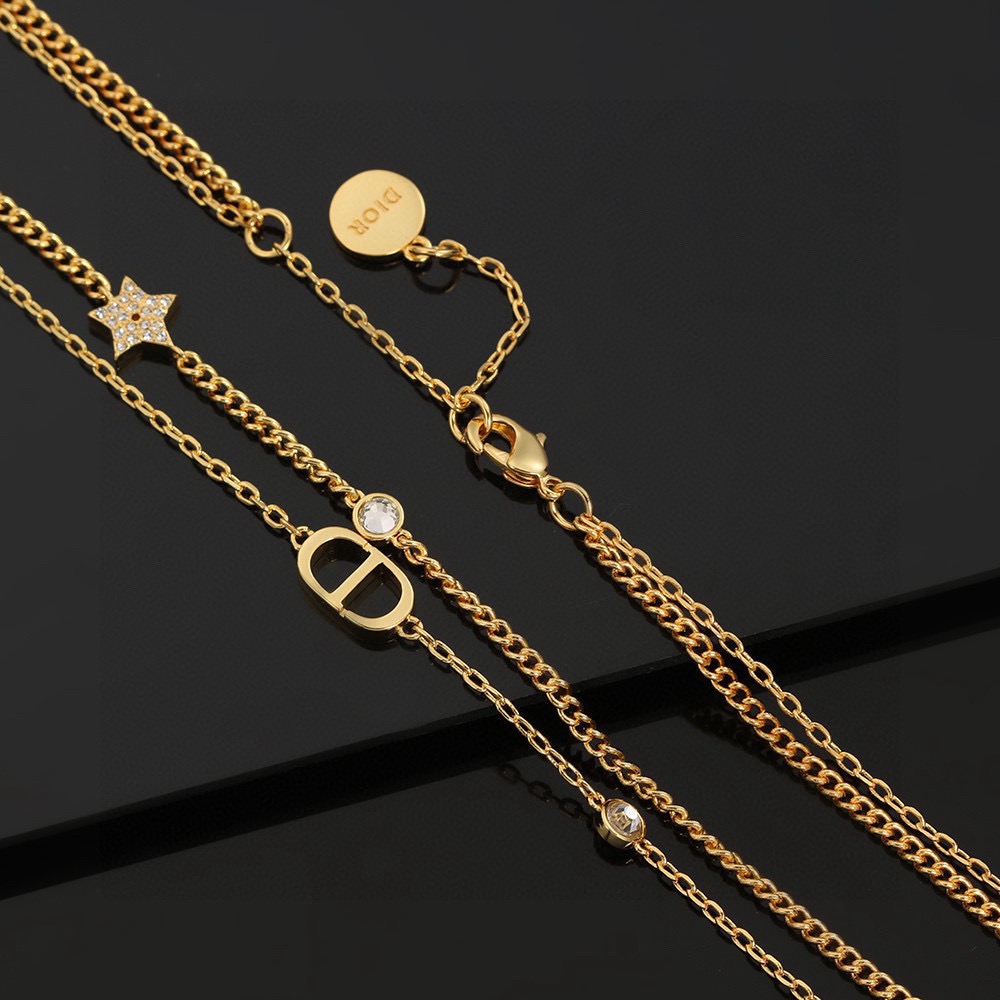 Dior Petit CD Star Double Chain necklace gold-tone metal with clear crystal accents 42cm with 5cm extender