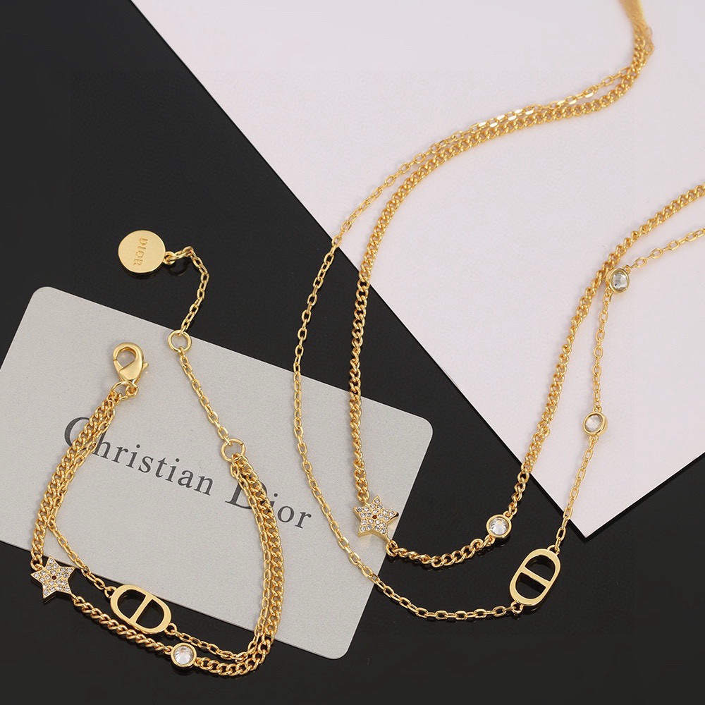 Dior Petit CD Star Double Chain necklace gold-tone metal with clear crystal accents 42cm with 5cm extender