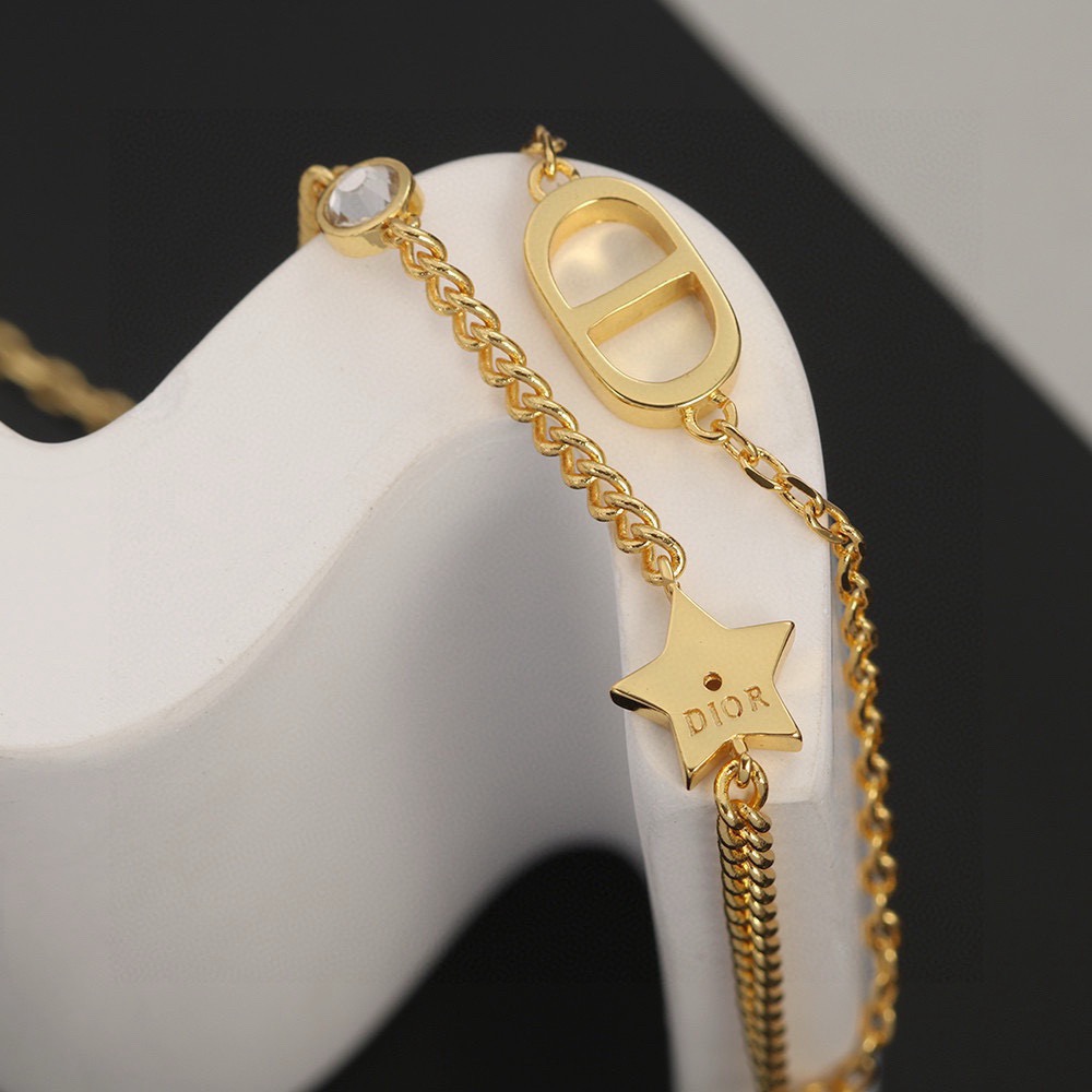 Dior Petit CD Star Double Chain necklace gold-tone metal with clear crystal accents 42cm with 5cm extender