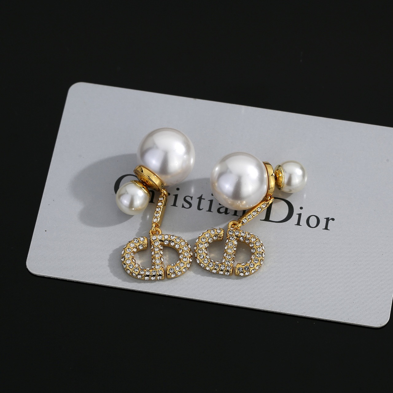 Dior Dior Tribales earrings gold-tone metal white faux pearl clear crystal 3 5cm drop length
