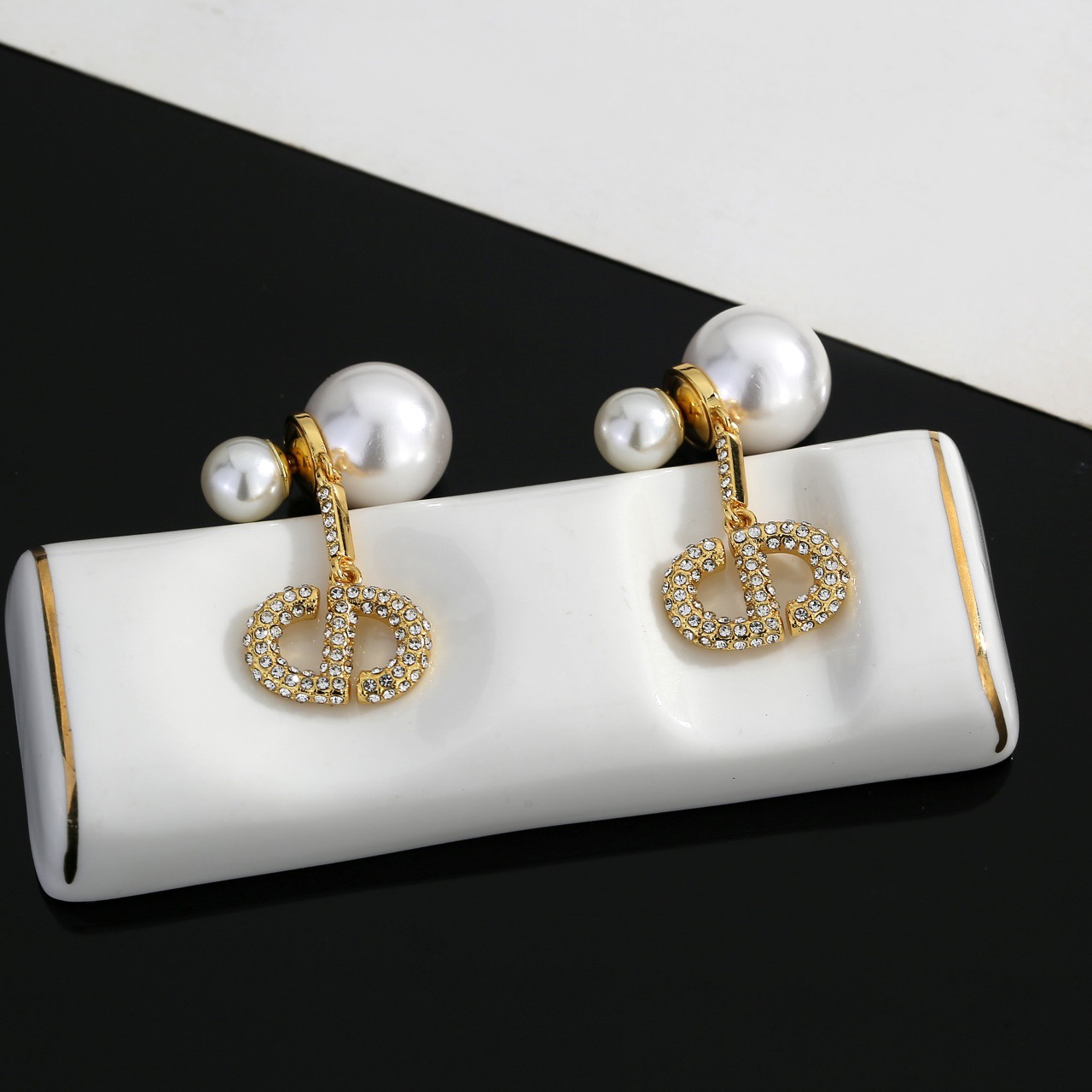Dior Dior Tribales earrings gold-tone metal white faux pearl clear crystal 3 5cm drop length