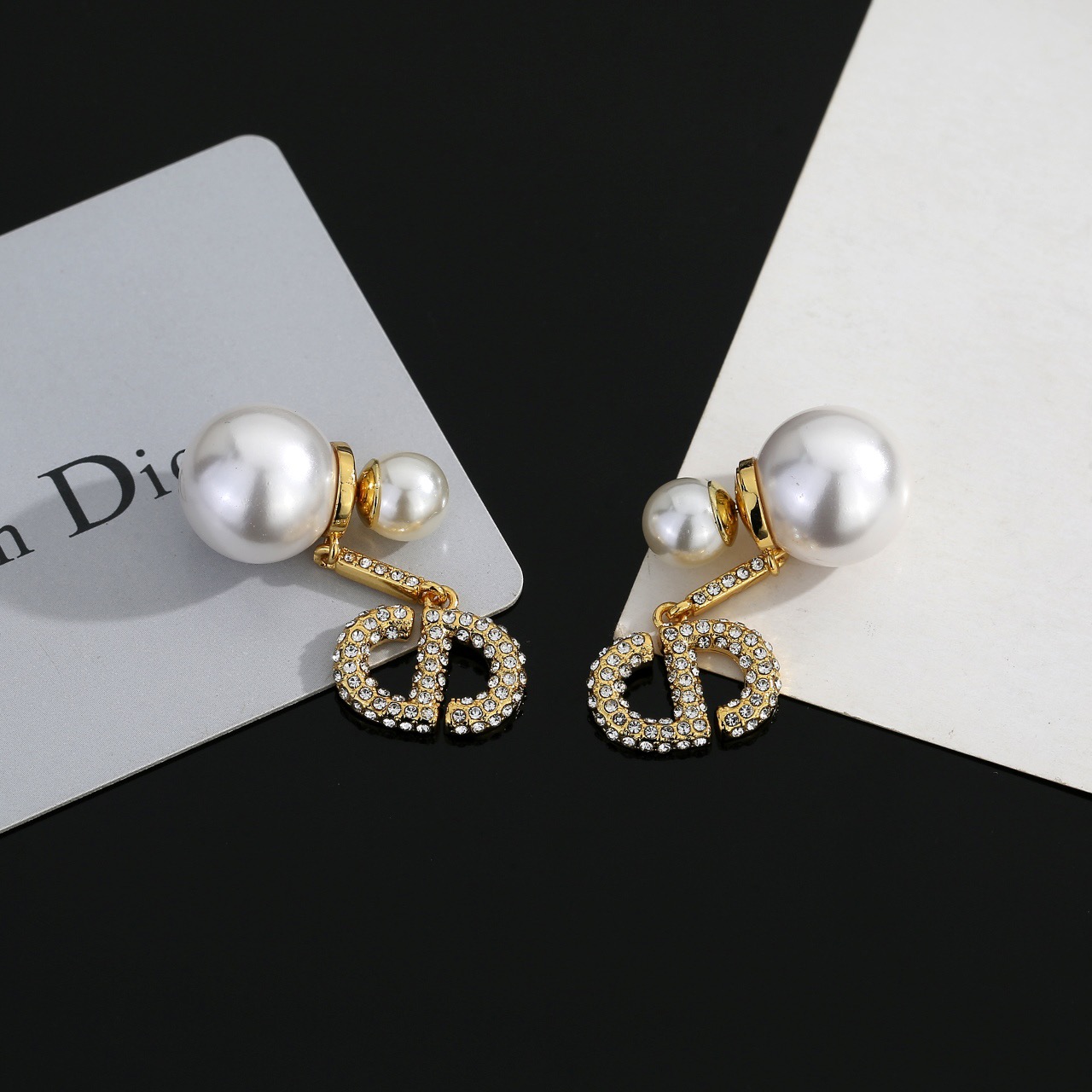 Dior Dior Tribales earrings gold-tone metal white faux pearl clear crystal 3 5cm drop length