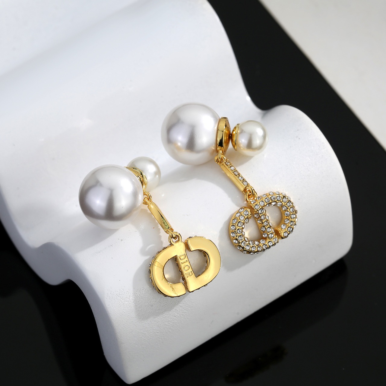 Dior Dior Tribales earrings gold-tone metal white faux pearl clear crystal 3 5cm drop length
