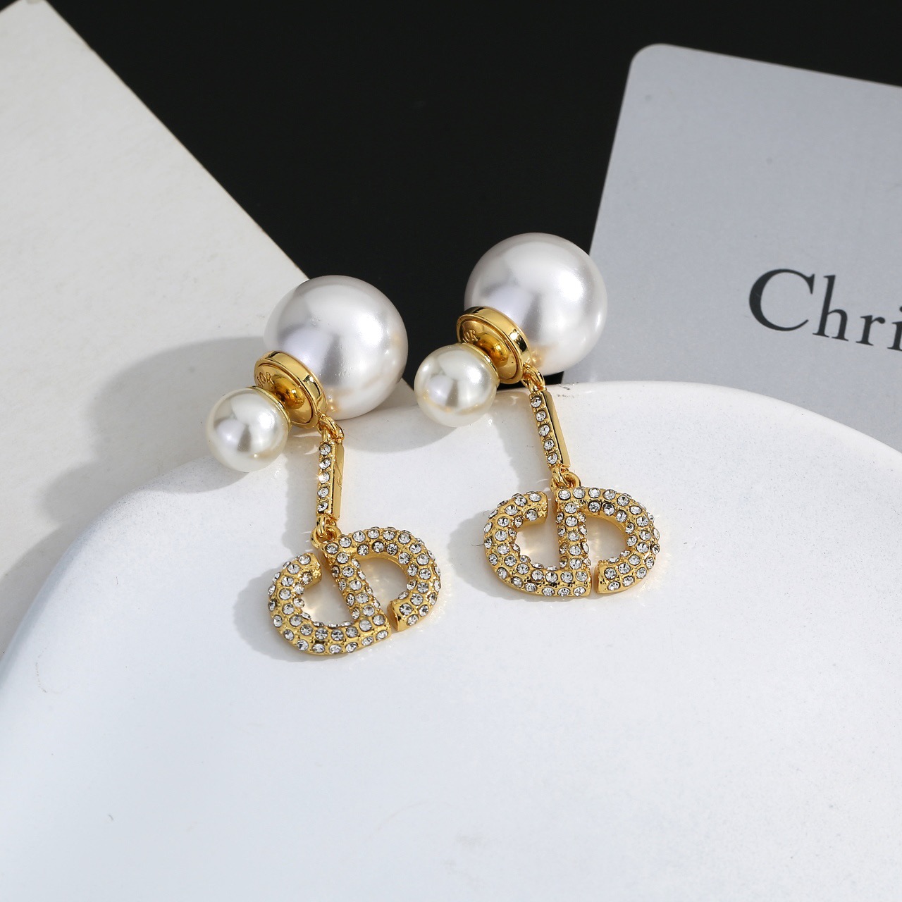 Dior Dior Tribales earrings gold-tone metal white faux pearl clear crystal 3 5cm drop length