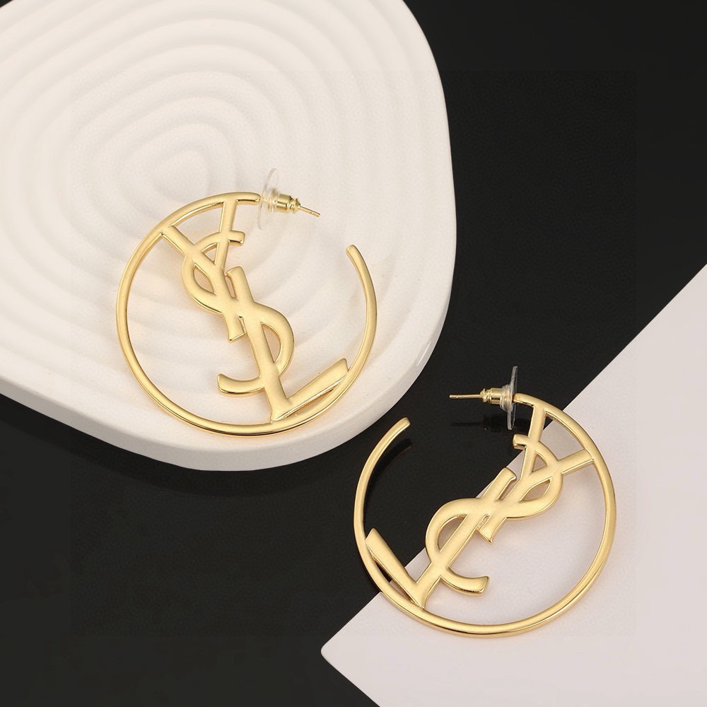 Saint Laurent Cassandre YSL Monogram Open Hoop earrings gold tone metal no gemstones 6cm diameter