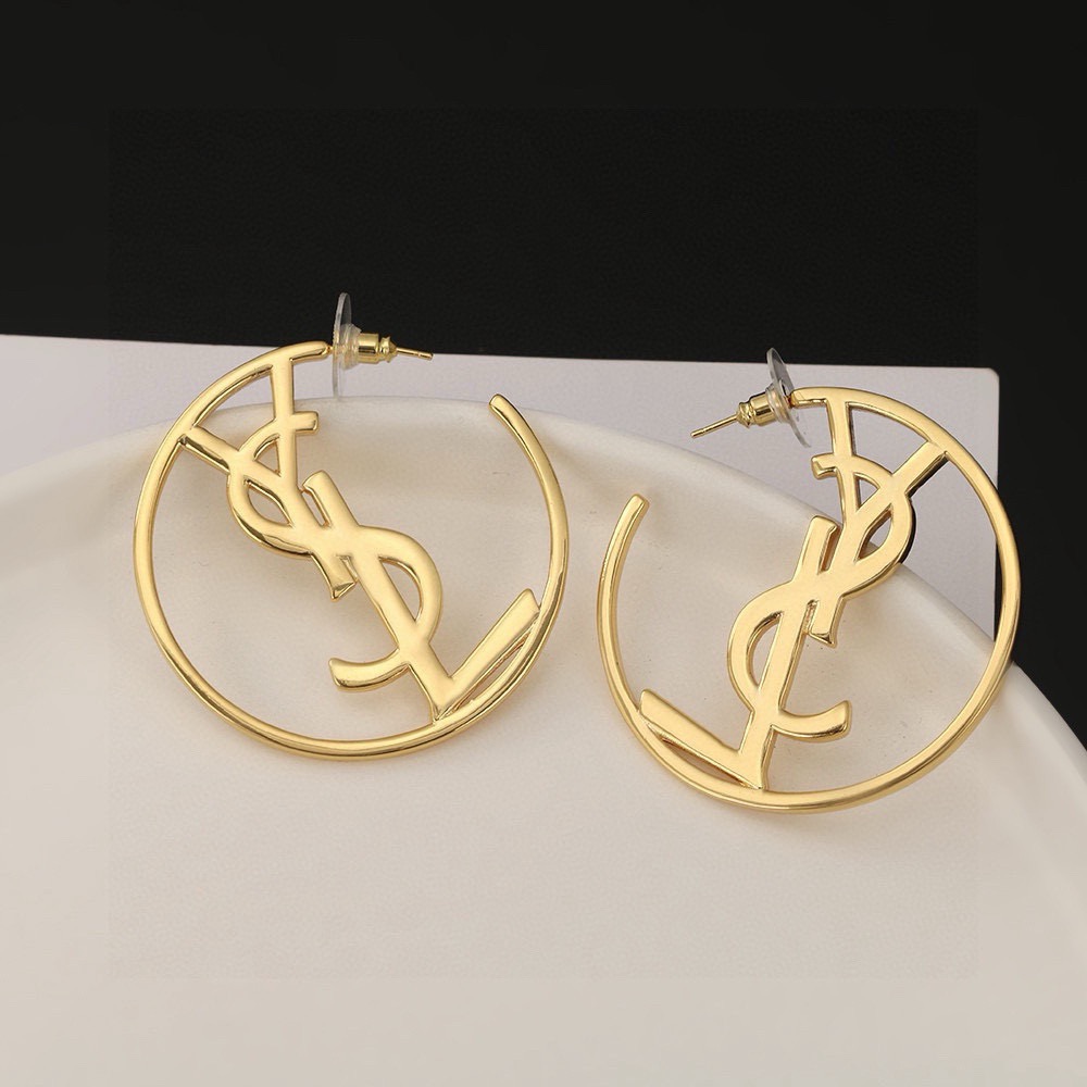 Saint Laurent Cassandre YSL Monogram Open Hoop earrings gold tone metal no gemstones 6cm diameter
