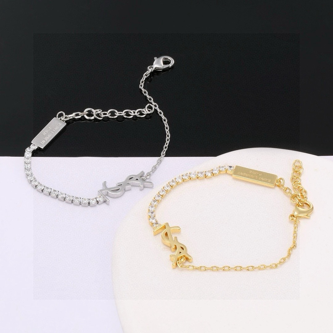 Saint Laurent Cassandre YSL Monogram Crystal Chain Bracelet bracelet Gold-tone metal with clear faceted crystals Silver-tone metal with clear faceted crystals 16cm with 3cm extender
