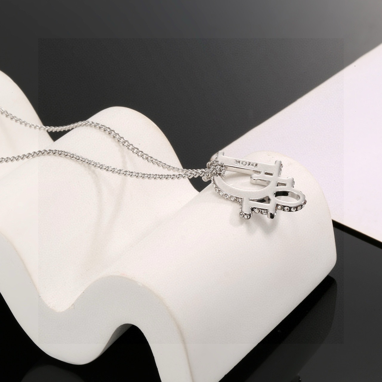 Dior JaDior necklace silver-toned metal with clear crystal accents 45cm with 5cm extender
