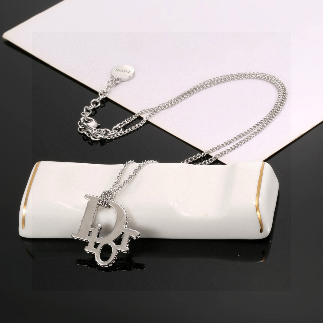 Dior JaDior necklace silver-toned metal with clear crystal accents 45cm with 5cm extender